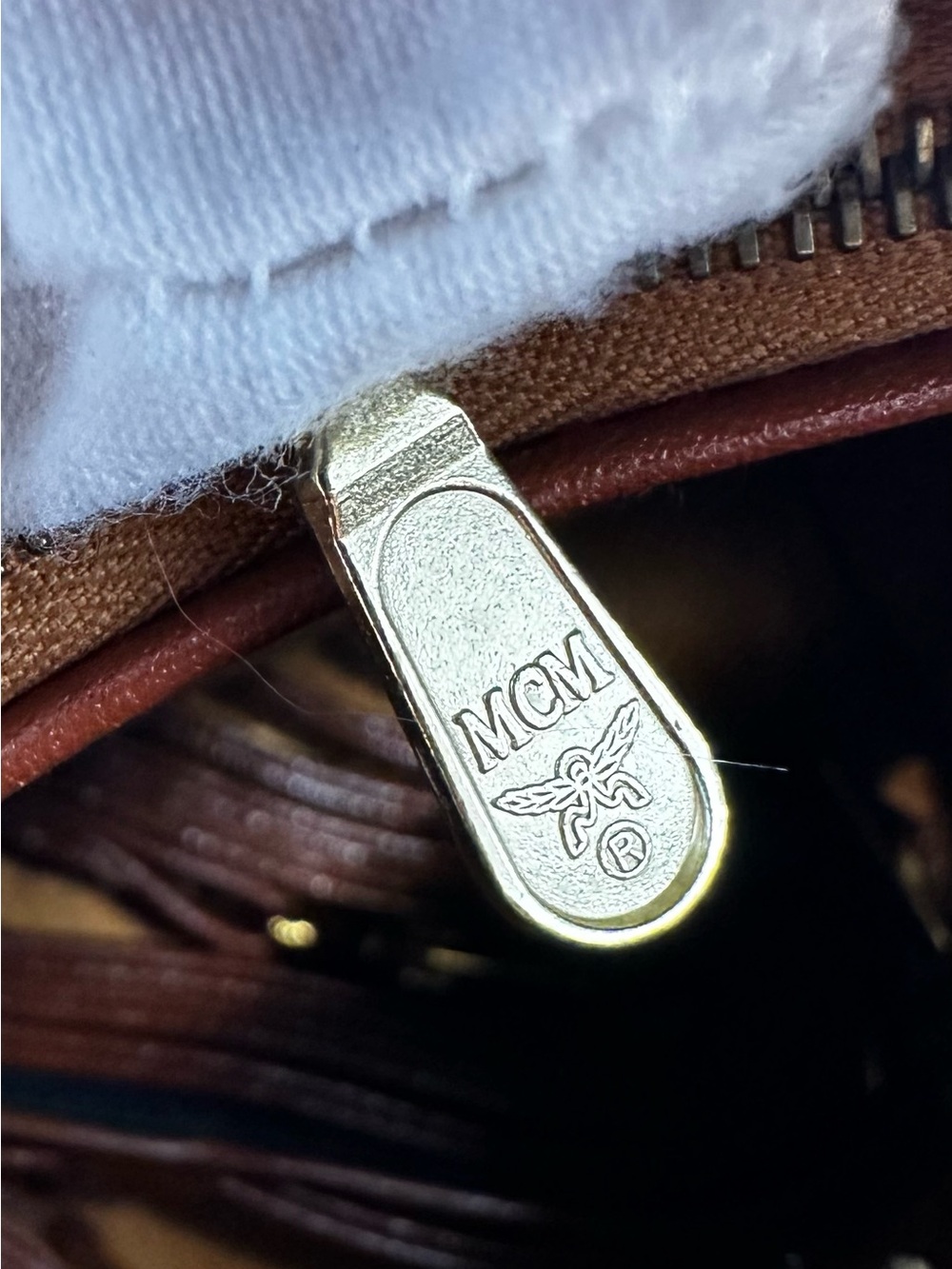 MCM Visetos Cognac Monogram Satchel with Red-Brown Handles - Picture 15 of 16